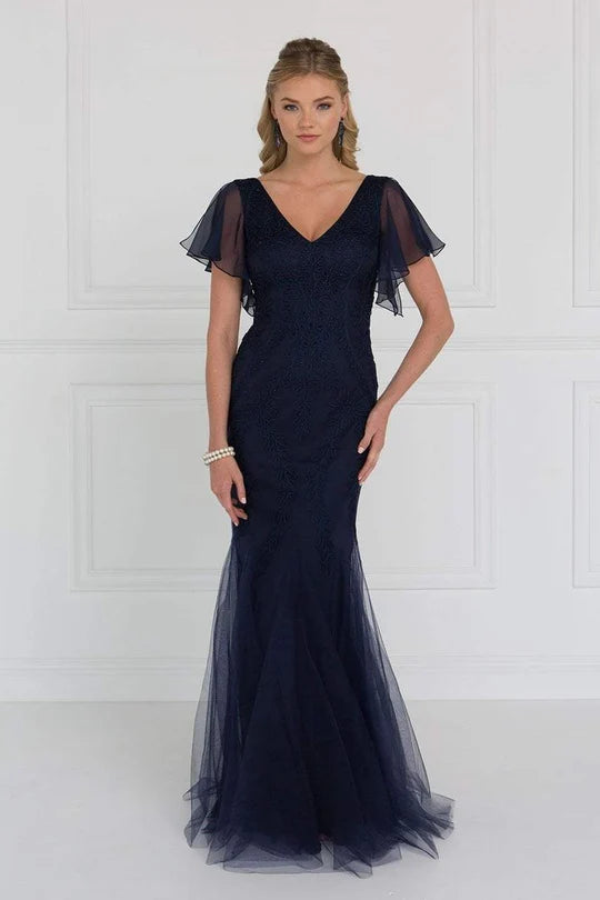 Elegant Mermaid V-Neck Flutter-Sleeve Open-Back Navy Embroidered-Tulle Floor-Length Mother of the Bride Dresses