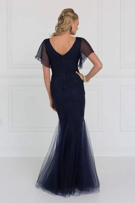 Elegant Mermaid V-Neck Flutter-Sleeve Open-Back Navy Embroidered-Tulle Floor-Length Mother of the Bride Dresses