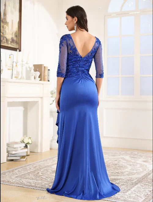 Elegant Mermaid V - Neck Half - Sleeve Zipper Back Long Length Prom Dresses