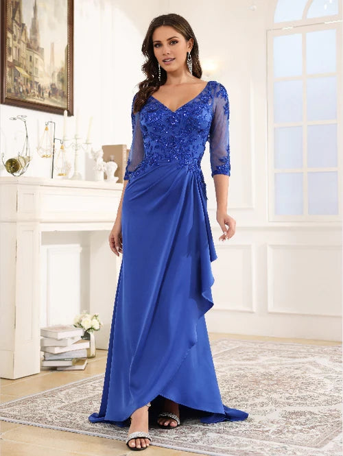Elegant Mermaid V - Neck Half - Sleeve Zipper Back Long Length Prom Dresses