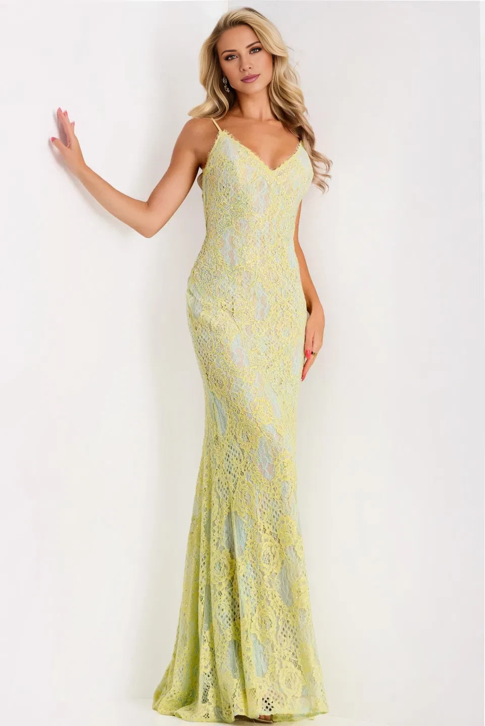 Elegant Mermaid V-Neck Lace Beaded-Accent Open-Back Long Length Evening Dresses
