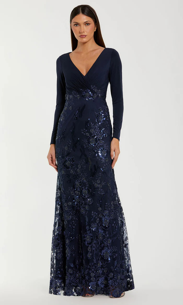 Elegant Mermaid V-Neck Long-Sleeve-Zip-Back Navy Sequin Lace Floor-Length Mother of the Bride Dresses