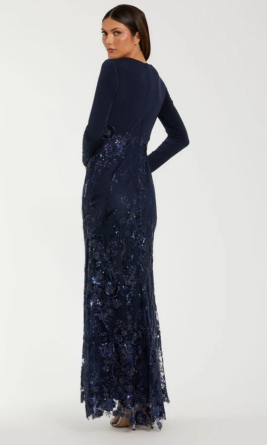 Elegant Mermaid V-Neck Long-Sleeve-Zip-Back Navy Sequin Lace Floor-Length Mother of the Bride Dresses