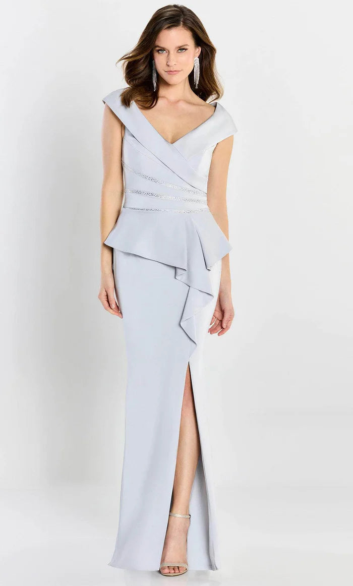 Elegant Mermaid V-Neck Peplum-Accent Beaded-Trim-Back Dusty Blue Satin Floor-Length Mother of the Bride Dresses