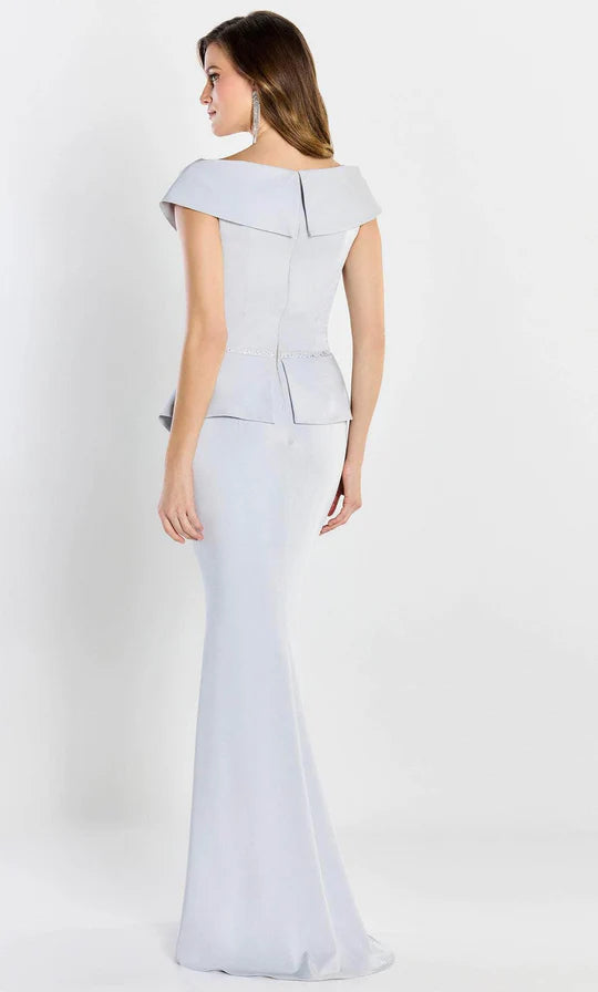 Elegant Mermaid V-Neck Peplum-Accent Beaded-Trim-Back Dusty Blue Satin Floor-Length Mother of the Bride Dresses