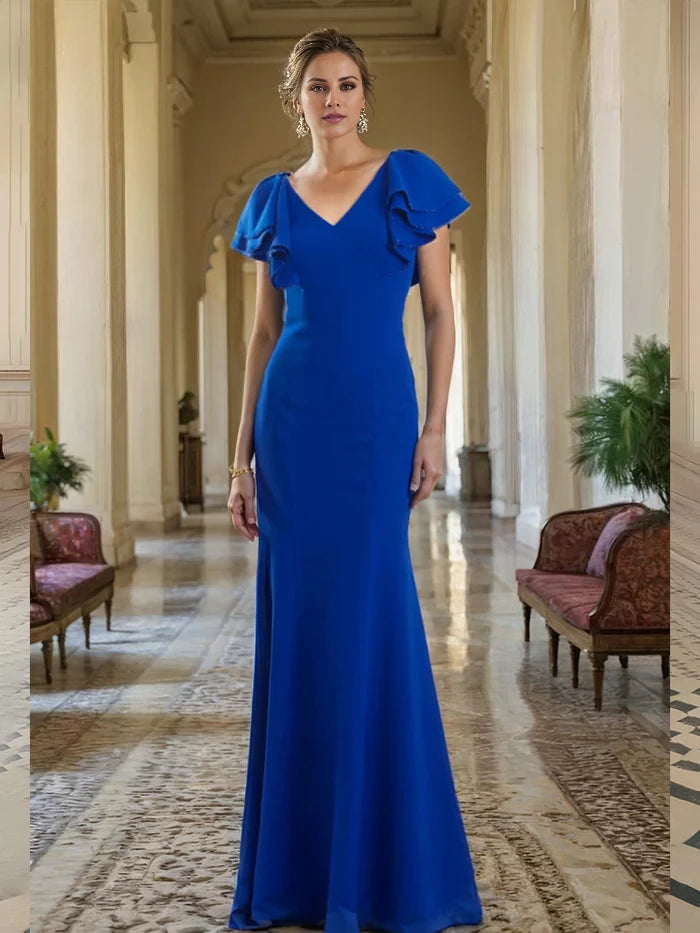 Elegant Mermaid V - Neck Ruffle Sleeve Button - Back Long Length Prom Dresses