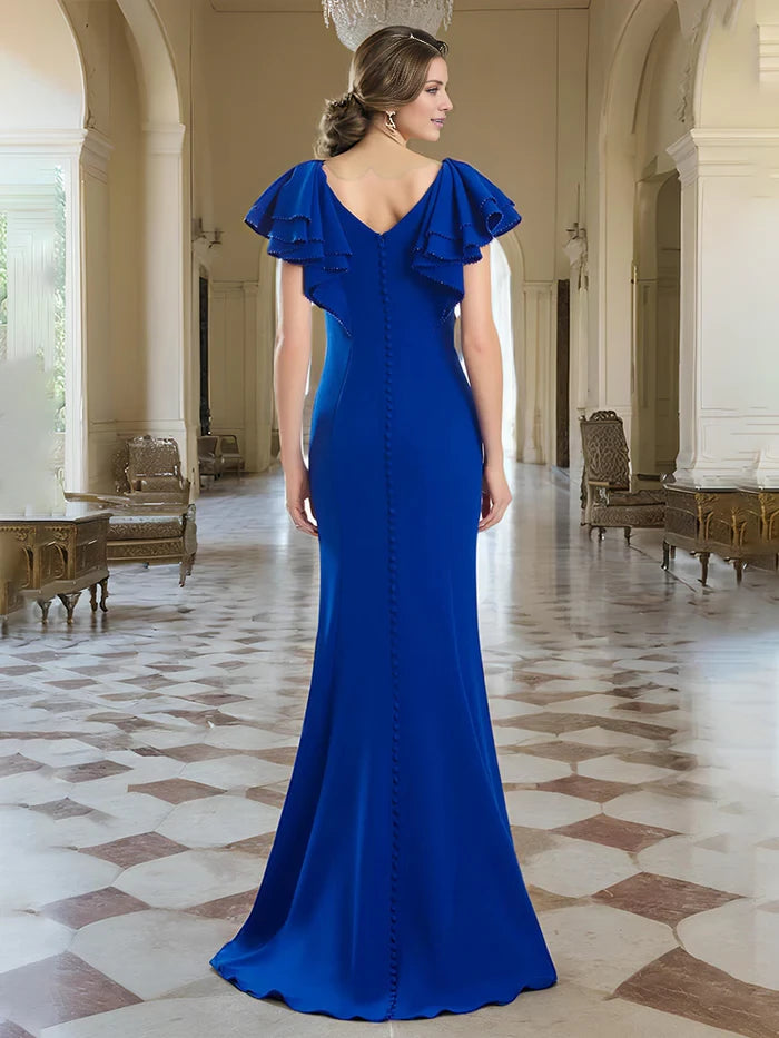 Elegant Mermaid V - Neck Ruffle Sleeve Button - Back Long Length Prom Dresses