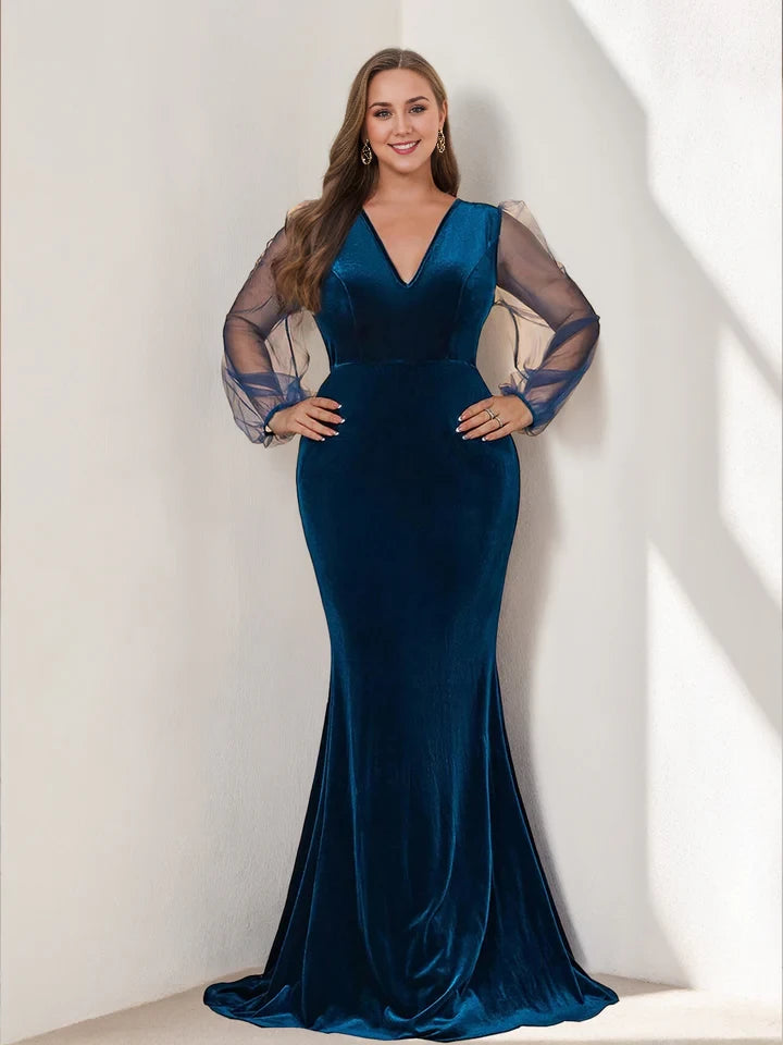 Plus Size Elegant Mermaid V - Neck Sheer Long Sleeve Zipper Back Long Length Prom Dresses