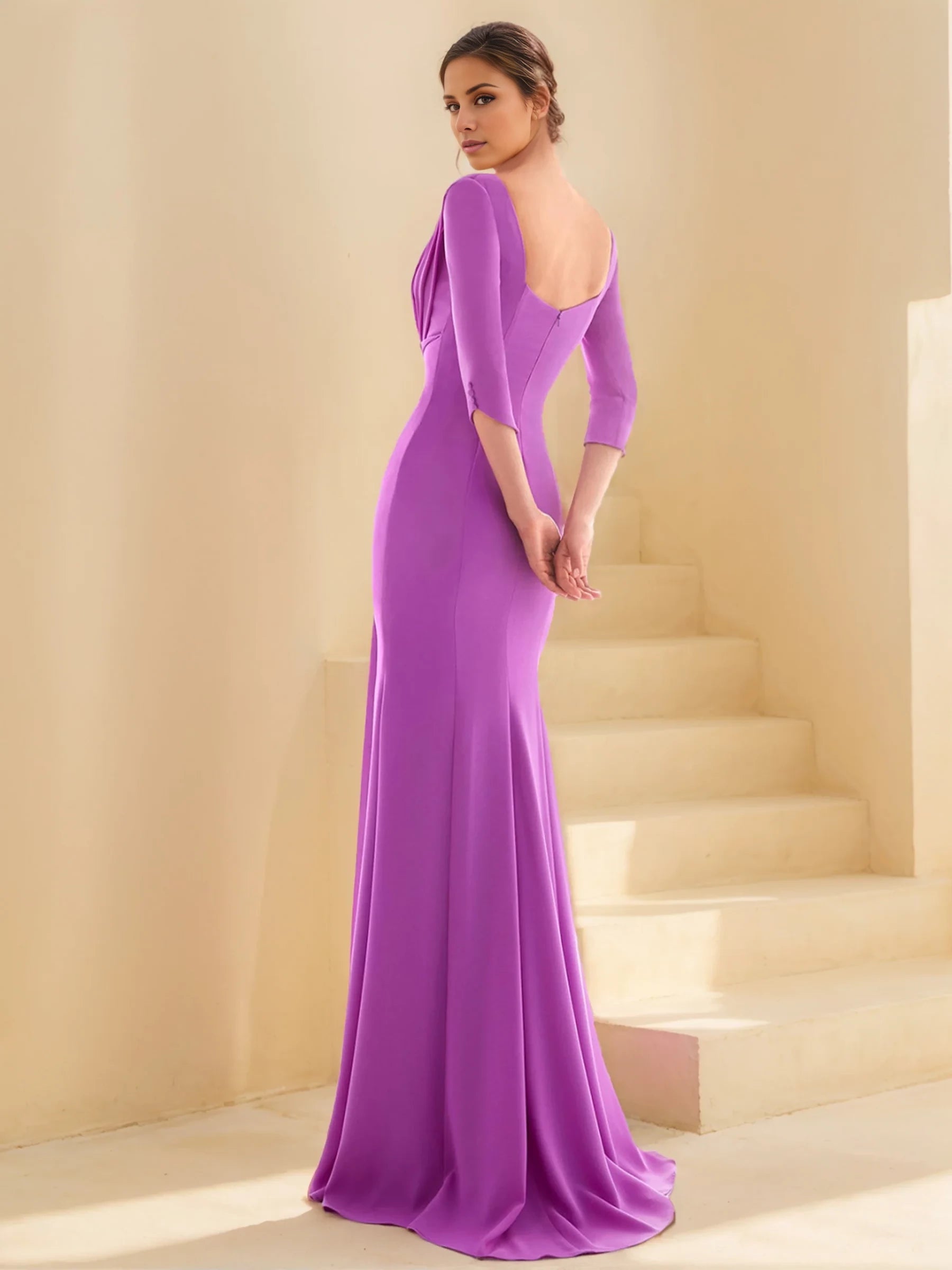 Elegant Mermaid V - Neck Three - Quarter Sleeve Open - Back Floor - Length Evening Dress