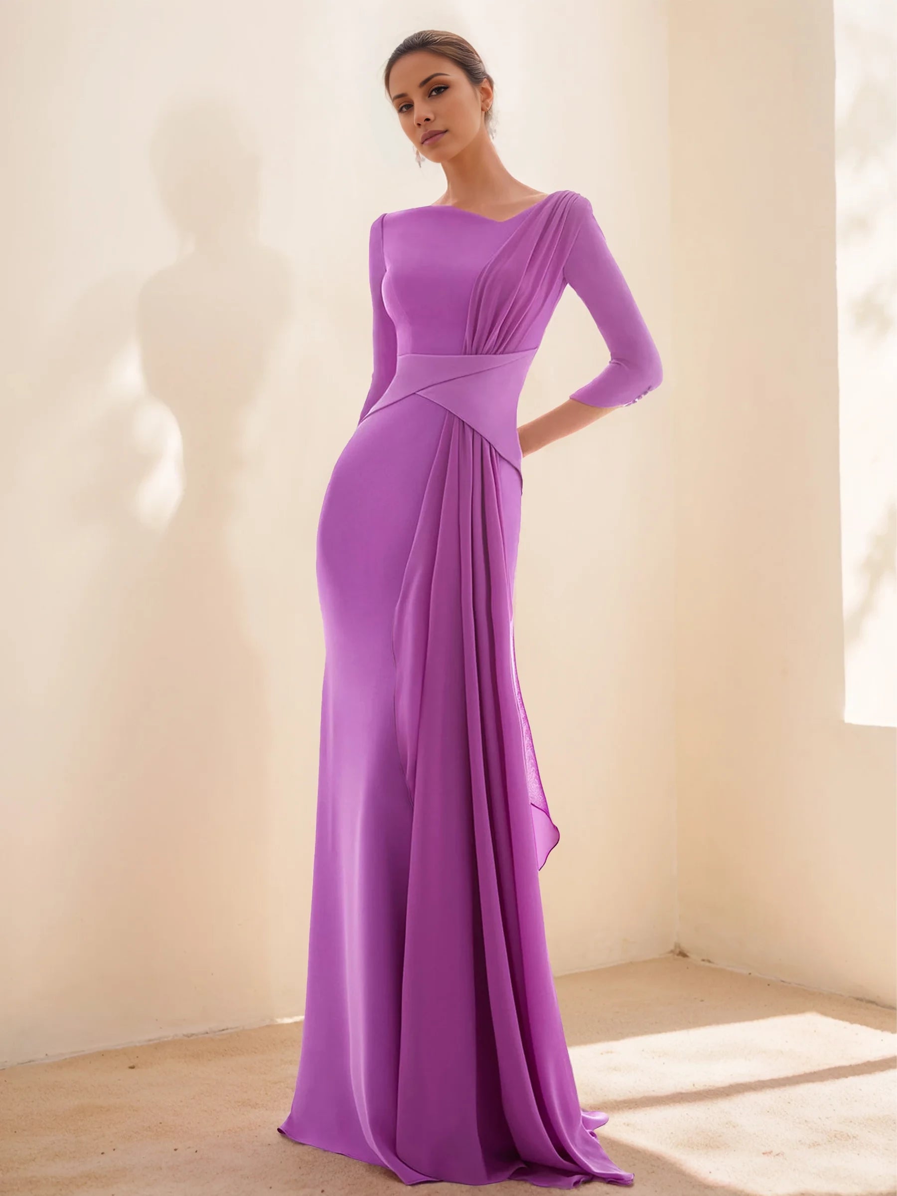 Elegant Mermaid V - Neck Three - Quarter Sleeve Open - Back Floor - Length Evening Dress