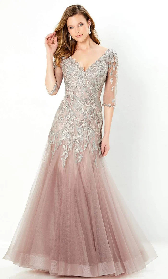Elegant Mermaid V-Neck Three-Quarter-Sleeve V-Back Dusty Rose Lace-Tulle Floor-Length Mother of the Bride Dresses