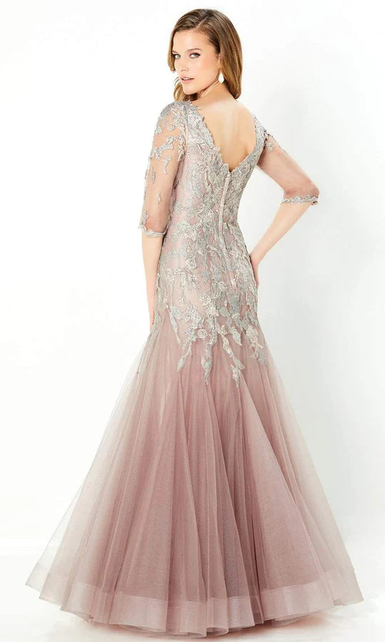Elegant Mermaid V-Neck Three-Quarter-Sleeve V-Back Dusty Rose Lace-Tulle Floor-Length Mother of the Bride Dresses