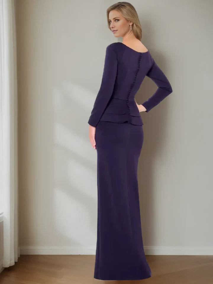 Elegant Sheath Boat Neck Long Sleeve Button Back Floor - Length Mother of the Bride Dresses
