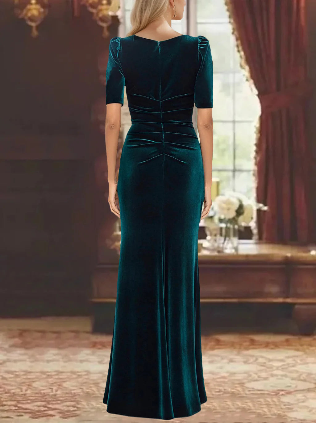 Elegant Sheath Boat Neck Short Sleeve Zipper Back Floor - Length Mother of the Bride Dresses