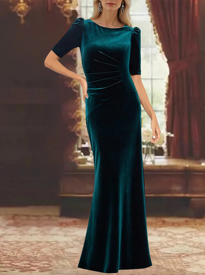 Elegant Sheath Boat Neck Short Sleeve Zipper Back Floor - Length Mother of the Bride Dresses