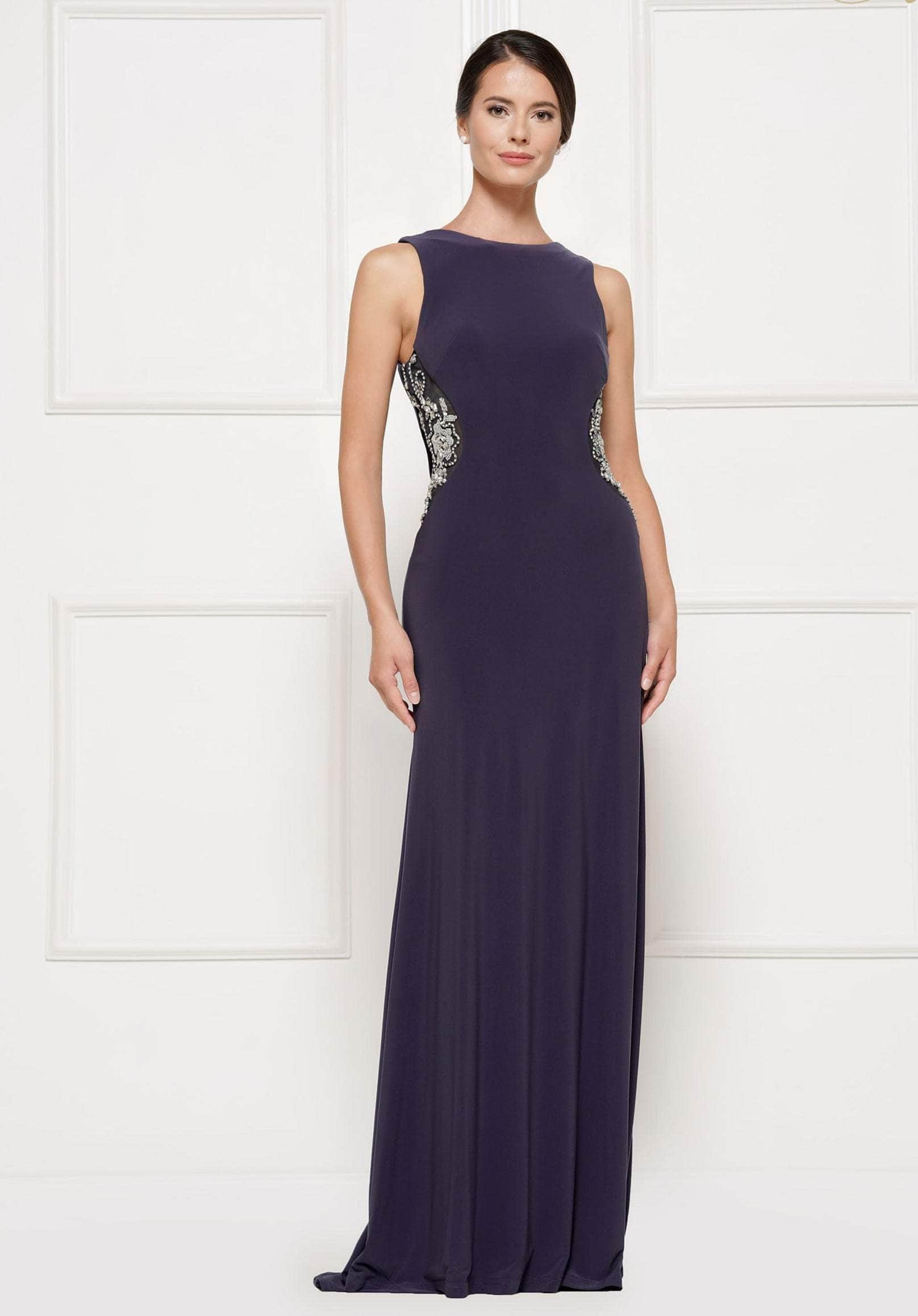 Elegant Sheath Boat-Neck Sleeveless Drape-Back Navy Embellished-Chiffon Floor-Length Mother of the Bride Dresses