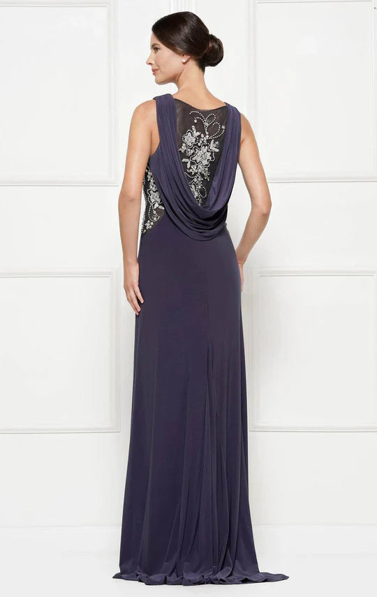 Elegant Sheath Boat-Neck Sleeveless Drape-Back Navy Embellished-Chiffon Floor-Length Mother of the Bride Dresses
