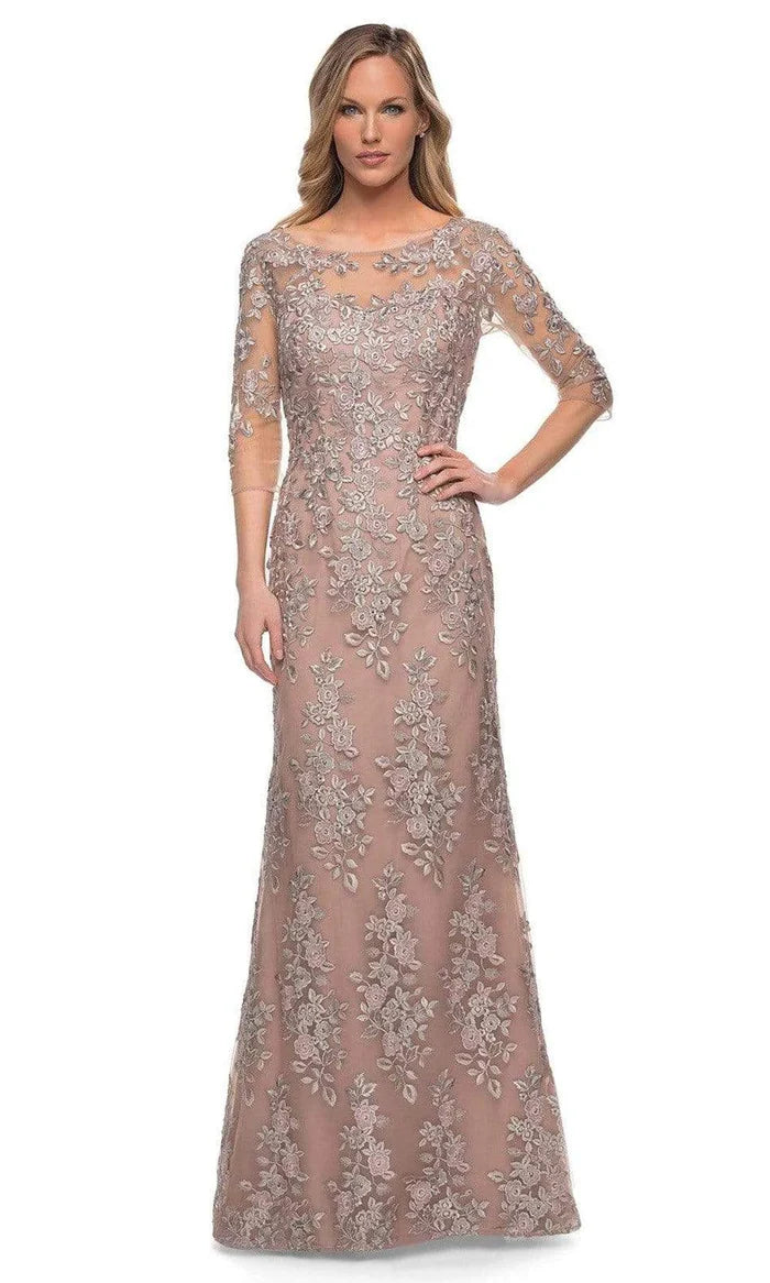 Elegant Sheath Boat-Neck Three-Quarter-Sleeve Lace-Back Dusty-Rose Floral-Embroidered Tulle Floor-Length Mother of the Bride Dresses