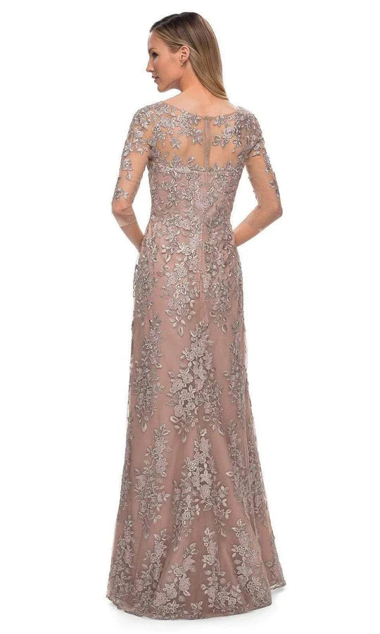 Elegant Sheath Boat-Neck Three-Quarter-Sleeve Lace-Back Dusty-Rose Floral-Embroidered Tulle Floor-Length Mother of the Bride Dresses