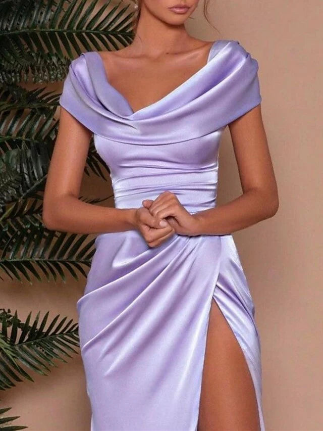 Elegant Sheath Cowl - Neck Short - Sleeve Zipper Back Floor - Length Evening Gown