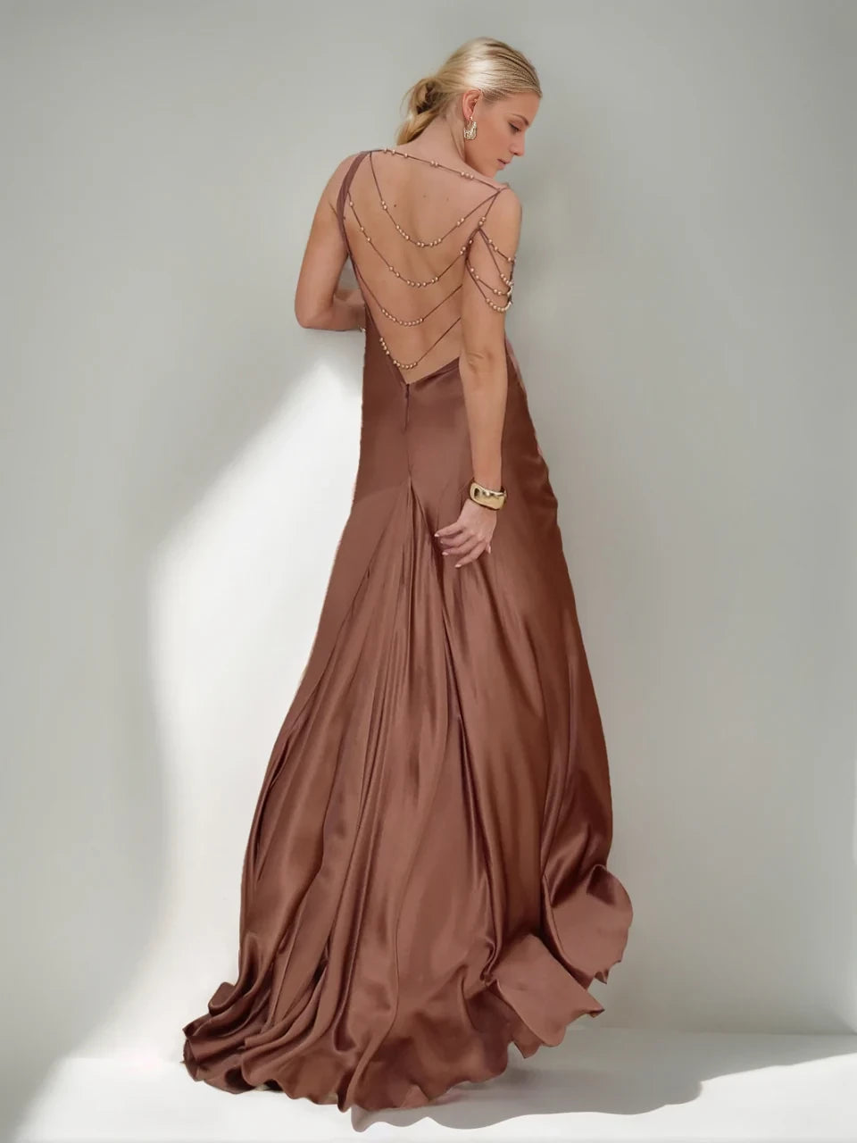 Elegant Sheath Cowl Neck Sleeveless Chain - Back Floor - Length Evening Gown