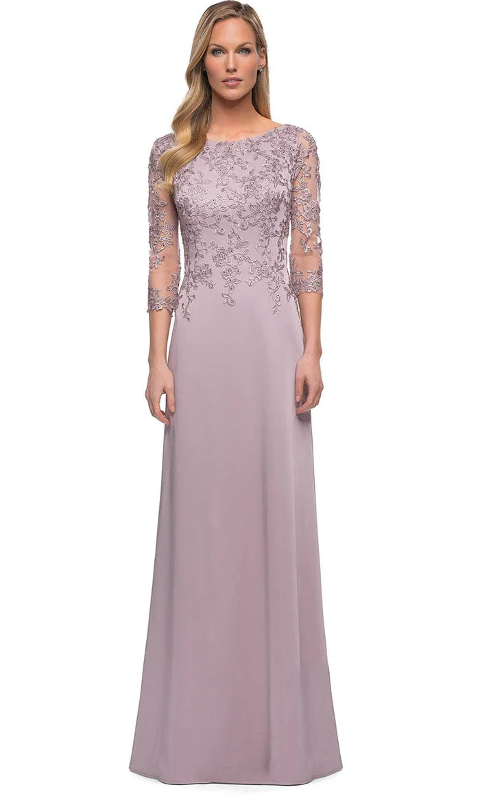 Elegant Sheath Crew-Neck Three-Quarter-Sleeve Back-Zip Dusty Lavender Lace-Chiffon Floor-Length Mother of the Bride Dresses