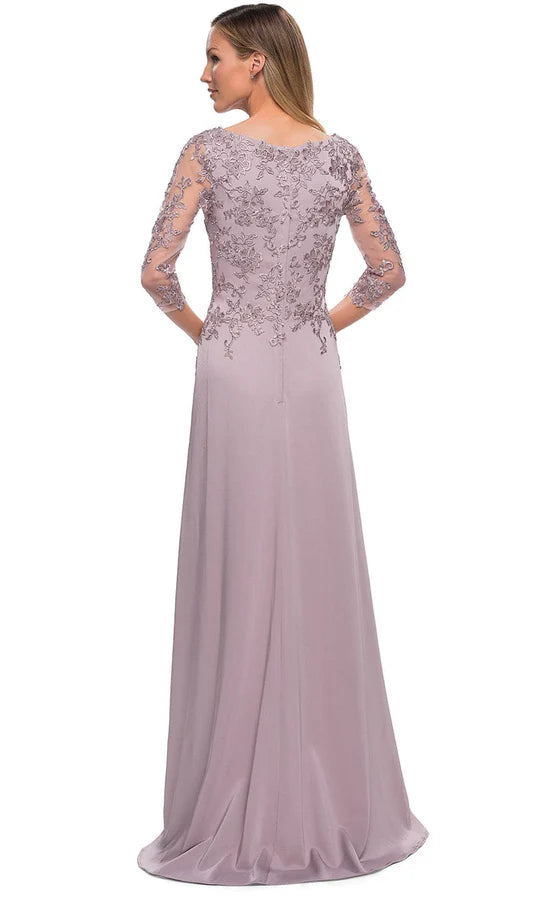 Elegant Sheath Crew-Neck Three-Quarter-Sleeve Back-Zip Dusty Lavender Lace-Chiffon Floor-Length Mother of the Bride Dresses