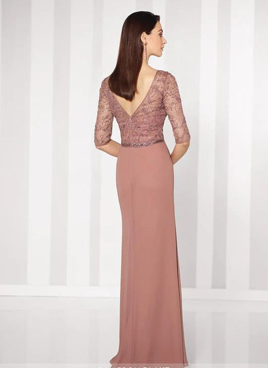 Elegant Sheath Crew-Neck Three-Quarter-Sleeve V-Back Dusty Rose Beaded-Chiffon Floor-Length Mother of the Bride Dresses
