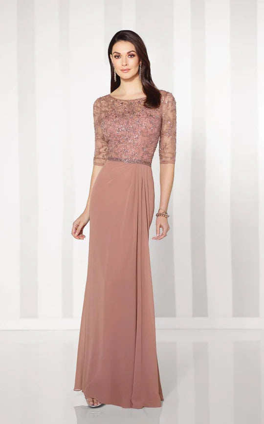 Elegant Sheath Crew-Neck Three-Quarter-Sleeve V-Back Dusty Rose Beaded-Chiffon Floor-Length Mother of the Bride Dresses