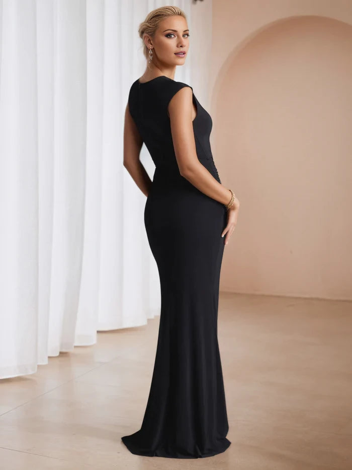 Elegant Sheath Cutout Neck Cap Sleeve Open Back Long Length Prom Dresses