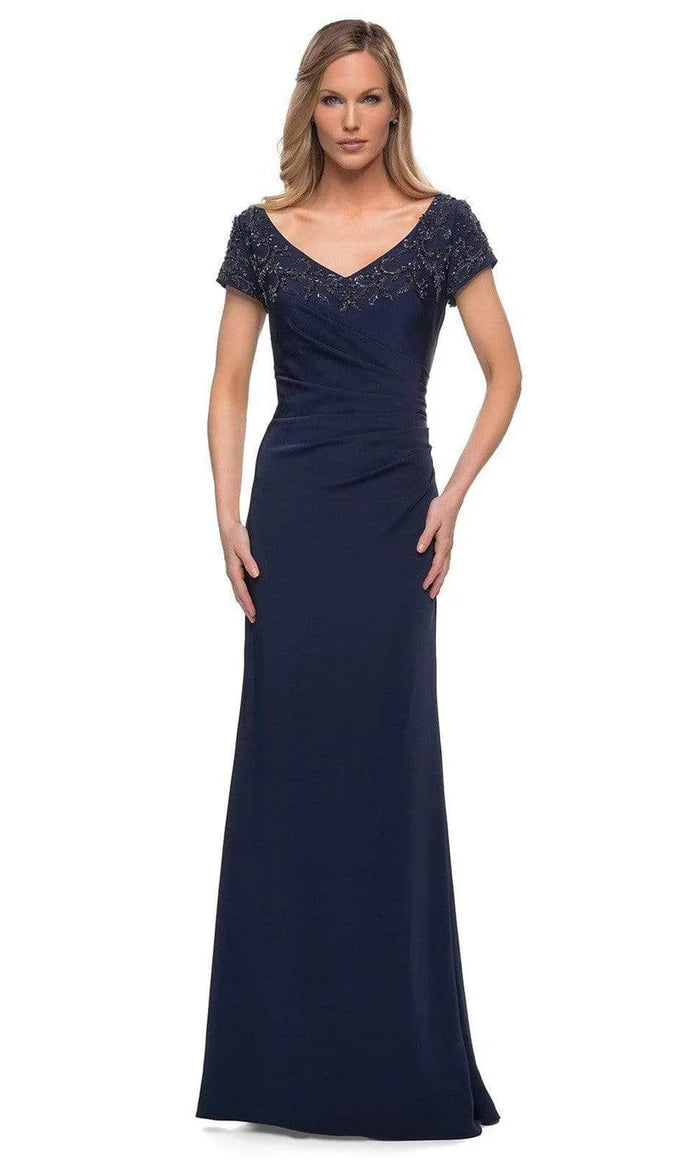 Elegant Sheath Deep-V Cap-Sleeve V-Back Navy Satin Beaded-Trim Floor-Length Mother of the Bride Dresses