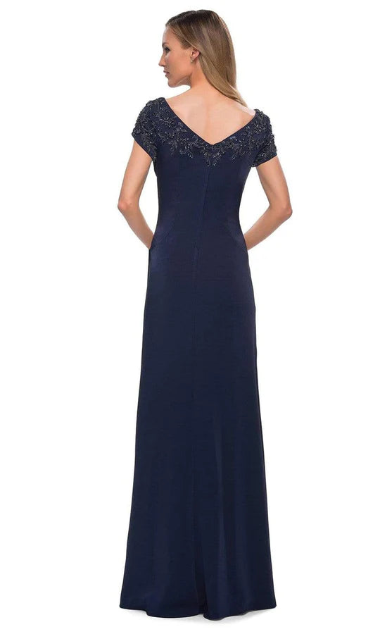 Elegant Sheath Deep-V Cap-Sleeve V-Back Navy Satin Beaded-Trim Floor-Length Mother of the Bride Dresses