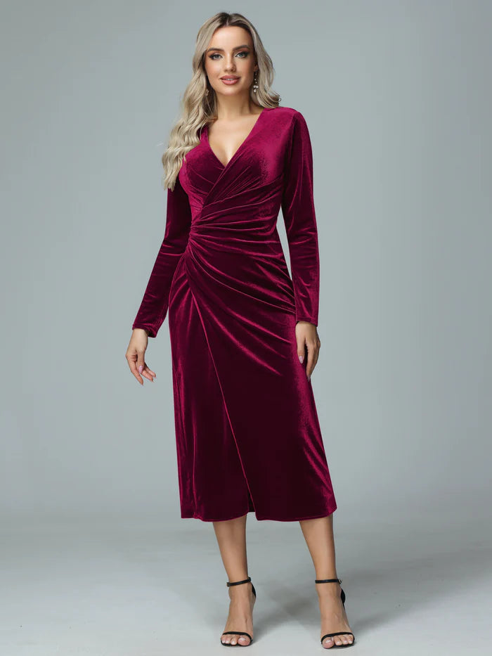 Elegant Sheath Deep V-Neck Long-Sleeve Closed-Back Burgundy Velvet Midi-Length Bridesmaid Dresses