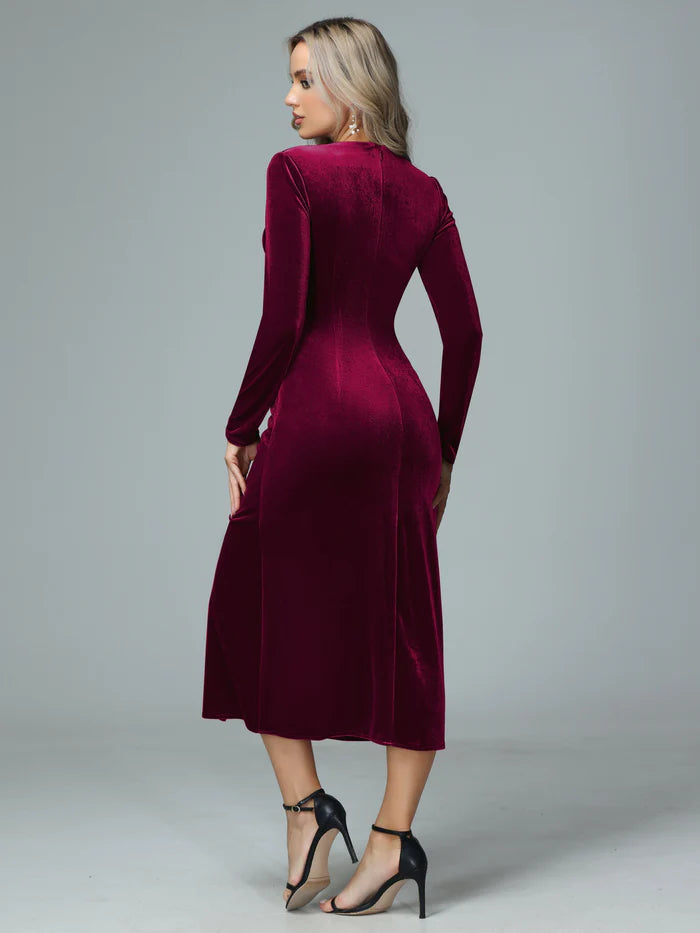 Elegant Sheath Deep V-Neck Long-Sleeve Closed-Back Burgundy Velvet Midi-Length Bridesmaid Dresses