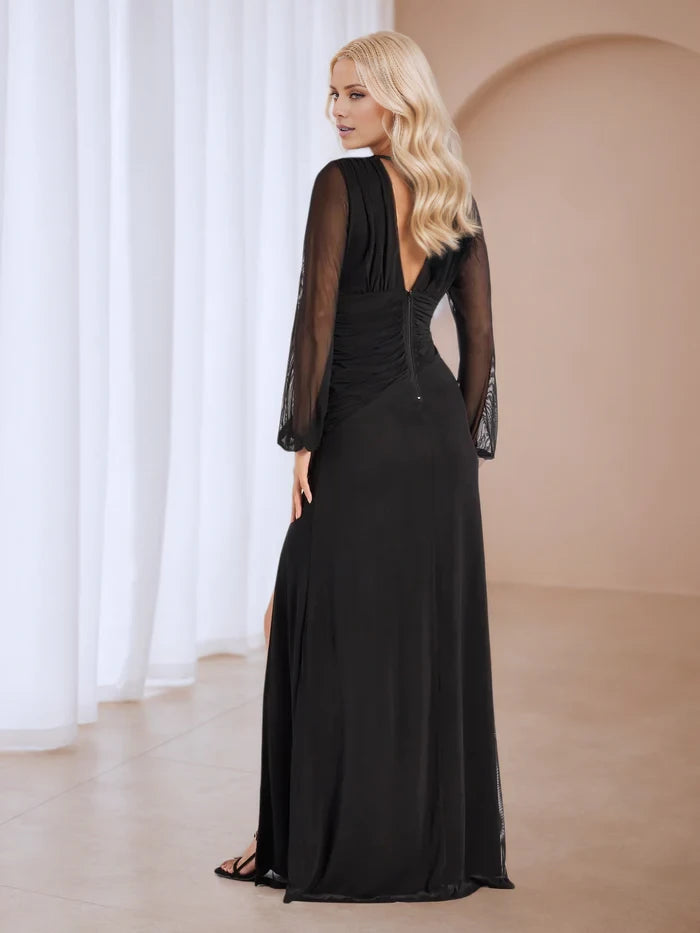 Elegant Sheath Deep V - Neck Mesh Long Sleeve Zipper Back Long Length Prom Dresses