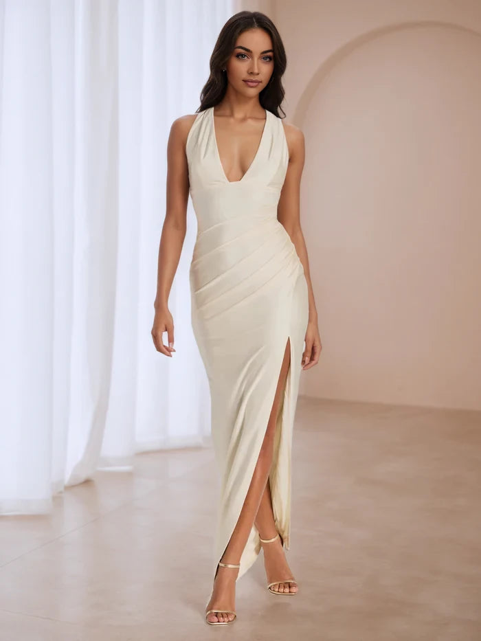 Elegant Sheath Deep V - Neck Sleeveless Criss - Cross Back Long Length Prom Dresses