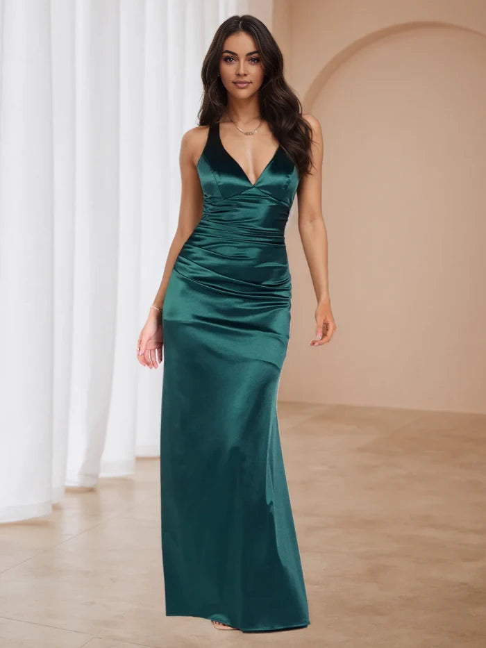 Elegant Sheath Deep V - Neck Sleeveless Tie Back Floor Length Prom Dresses