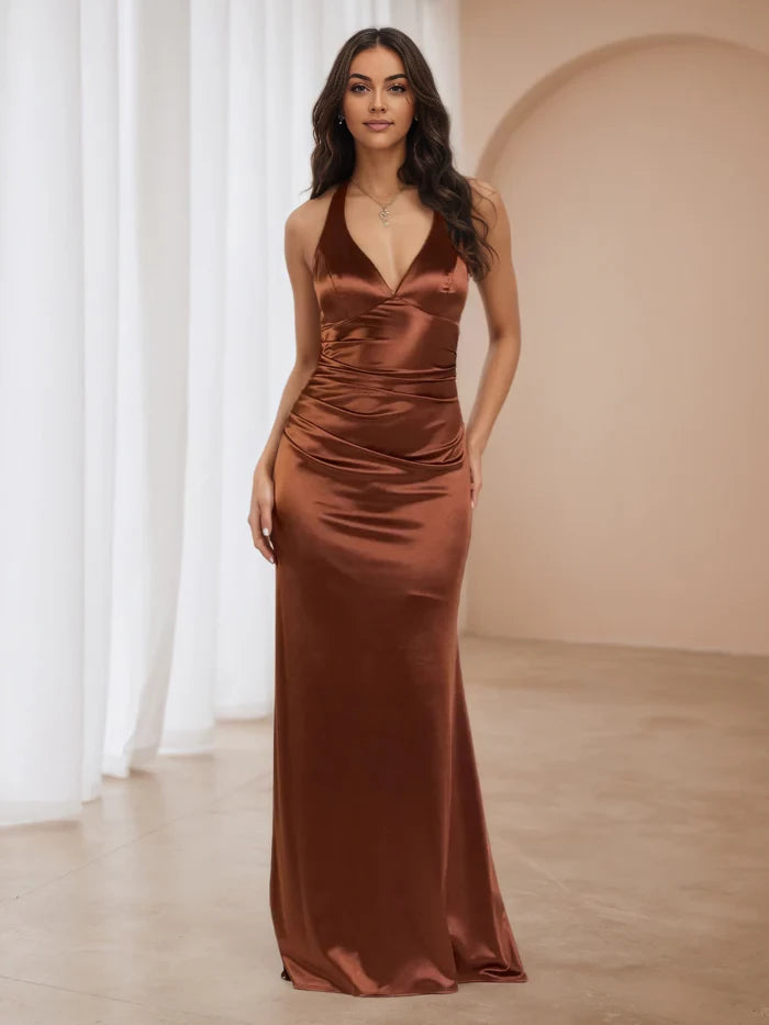 Elegant Sheath Deep V - Neck Sleeveless Tie Back Floor Length Prom Dresses