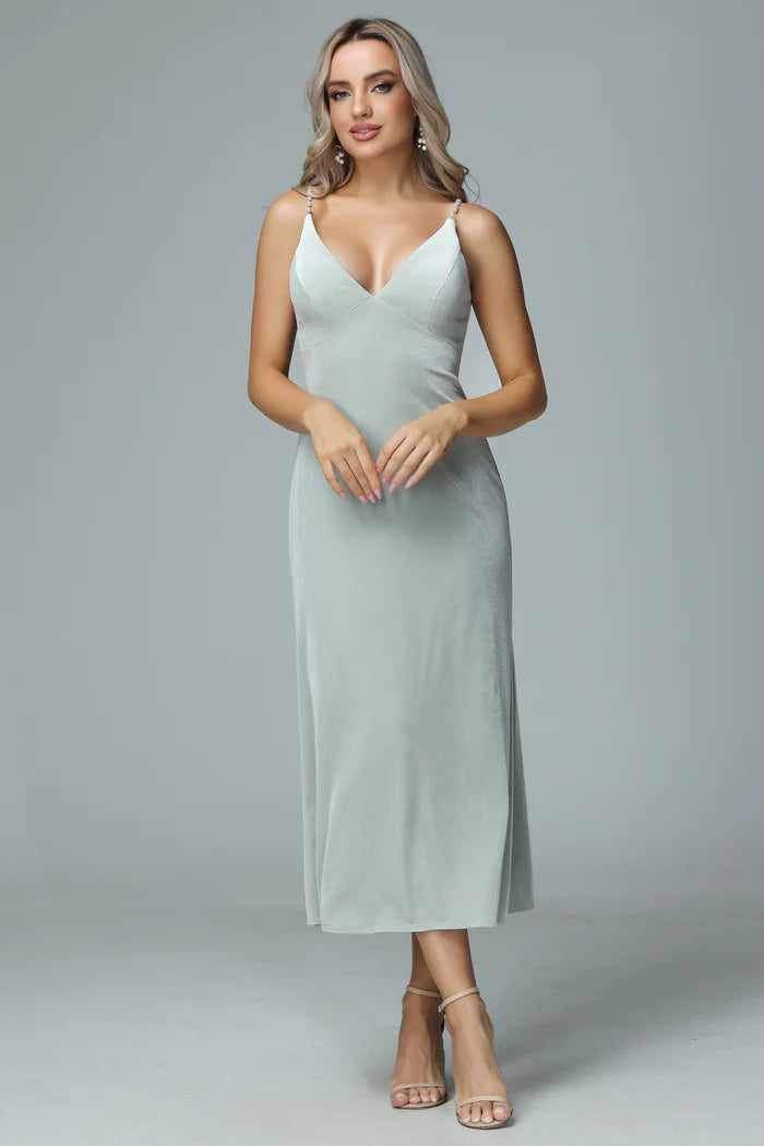Elegant Sheath Deep-V Pearl-Strap Open-Back Velvet Midi-Length Bridesmaid Dresses