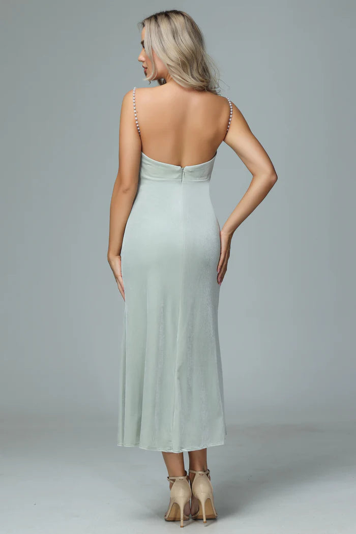Elegant Sheath Deep-V Pearl-Strap Open-Back Velvet Midi-Length Bridesmaid Dresses