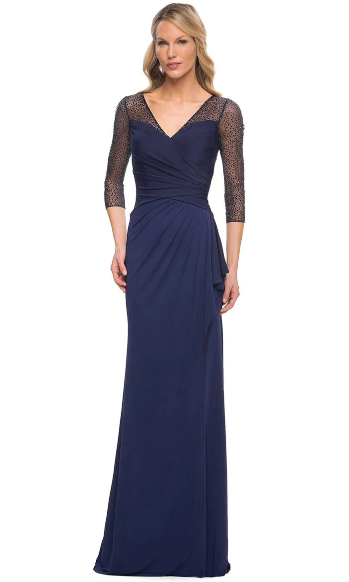 Elegant Sheath Deep-V Three-Quarter-Sleeve Beaded-Mesh-Back Navy Chiffon Ruched Floor-Length Mother of the Bride Dresses