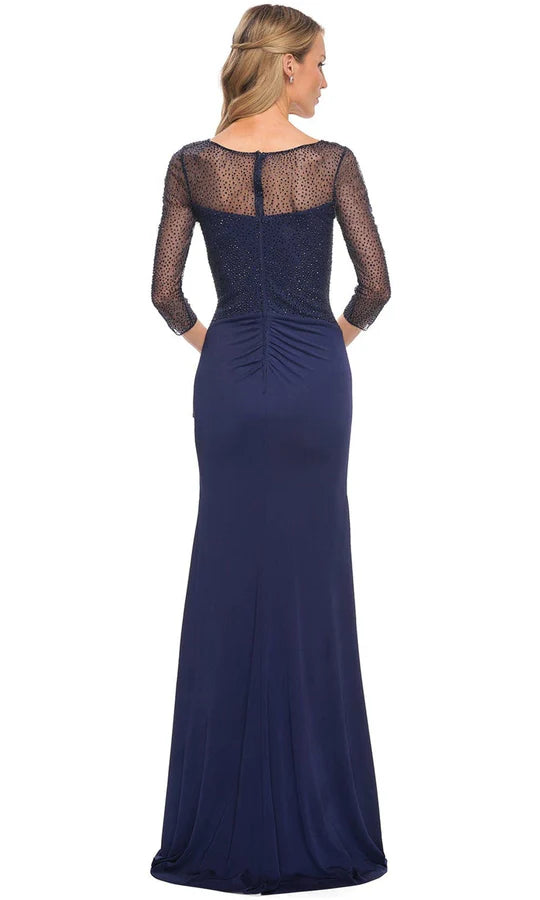 Elegant Sheath Deep-V Three-Quarter-Sleeve Beaded-Mesh-Back Navy Chiffon Ruched Floor-Length Mother of the Bride Dresses