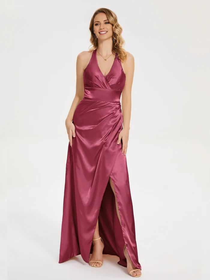 Elegant Sheath Halter Neck Sleeveless Bow Back Long Length Prom Dresses