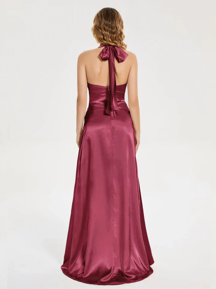 Elegant Sheath Halter Neck Sleeveless Bow Back Long Length Prom Dresses
