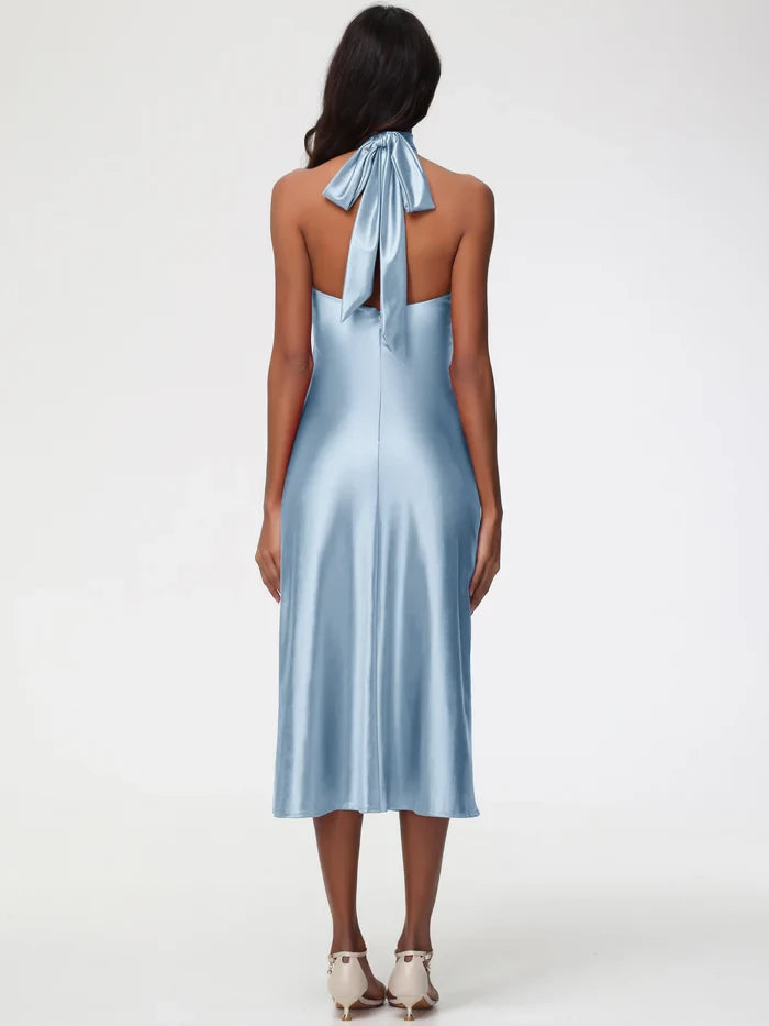 Elegant Sheath Halter Neck Sleeveless Tie Back Midi Length Prom Dresses