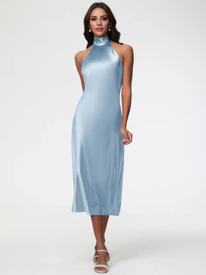 Elegant Sheath Halter Neck Sleeveless Tie Back Midi Length Prom Dresses