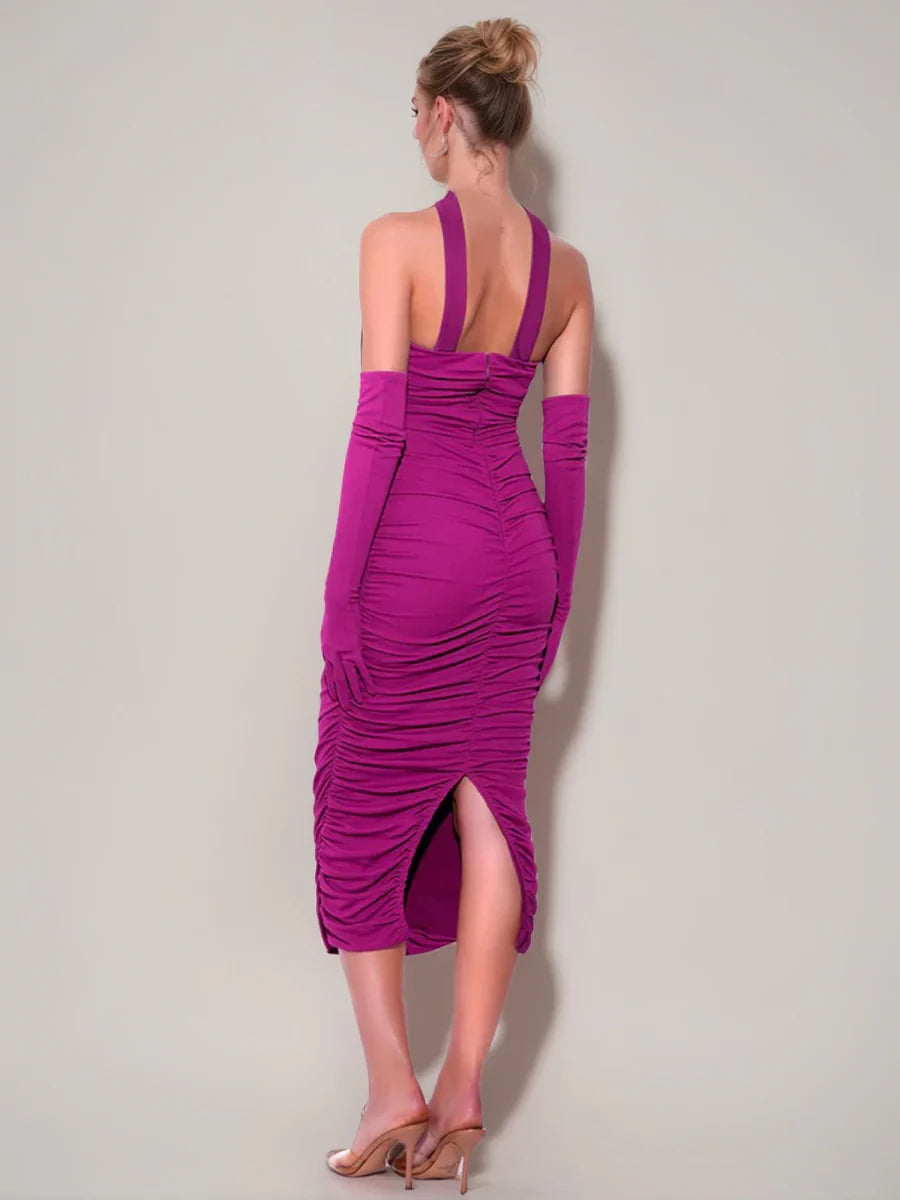 Elegant Sheath Halter Sleeveless Open - Back Midi - Length Evening Gown