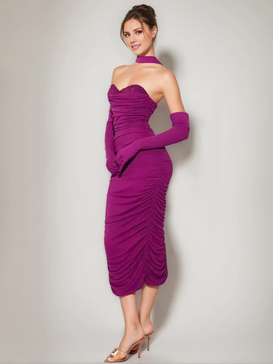Elegant Sheath Halter Sleeveless Open - Back Midi - Length Evening Gown