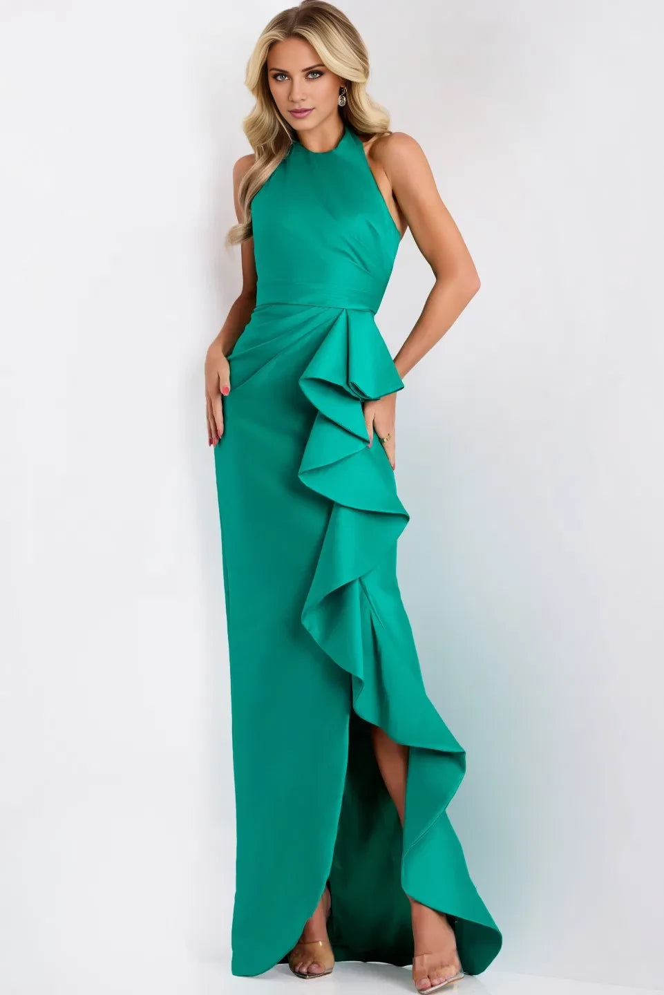 Elegant Sheath High-Neck Ruffle-Accent Slit-Accent Long Length Evening Dresses