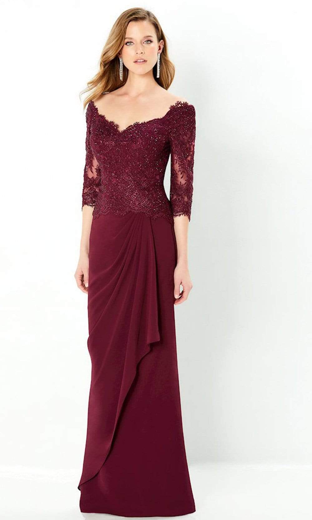 Elegant Sheath Off-Shoulder Beaded-Lace-Draped-Back Burgundy Chiffon Floor-Length Mother of the Bride Dresses
